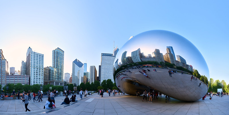 A view of downtown Chicago taken at the Bean aka Cloud Gate